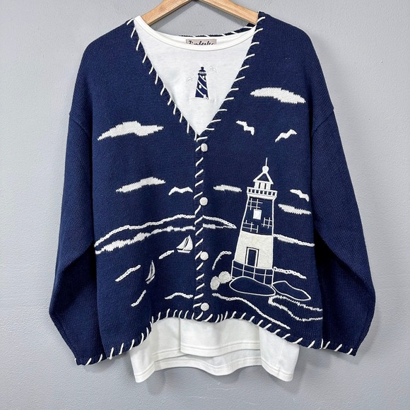 Vintage Sweaters - Vintage Cardigan Top Set Womens Size L Navy Blue Nautical Lighthouse Timberlea